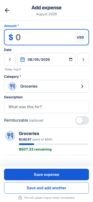 Mobile Add expense screen with amount, date, category, and description fields.